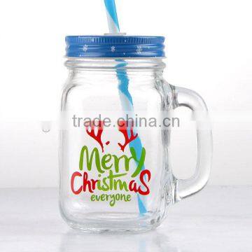 Christmas Theme Glass Mason Jar With Handle and Straw photo-3