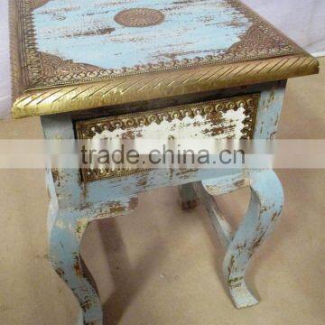 Metal Fitted 1 Drawer Wooden Bed Side Square Stool