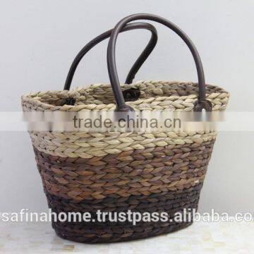 Water hyacinth basket with long leather handles