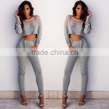 Latest Design Tracksuit New Fashion Women Casual Sexy Mesh See Through Cropped Tops Pullover Sweatshirts Wholesale Tracksuit