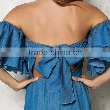Blue Chambray Off Shoulder Bell Sleeve Maxi Denim Jeans Dress Ladies Western Dress Designs HSd5281 photo-4