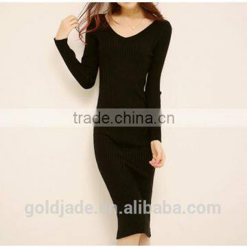 2016 Customized Manufactorying Korean Style Long Sleeve V Neck Knitted Ladies Dress photo-2
