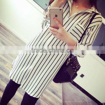 2015 Latest Korean Style Shirts For Women With Vertical Stripes Long Chiffon Women's Shirt