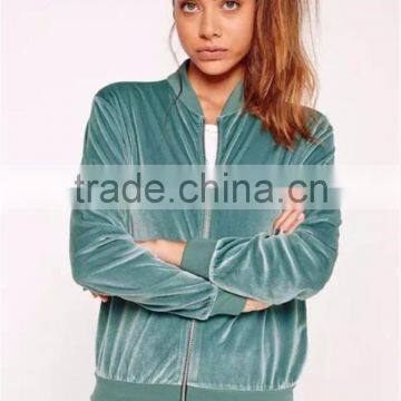 Women Velvet Bomber Jacket Green Ribbed Trim Zip Up Coat With Side Pockets With Custom Tag And Label photo-6