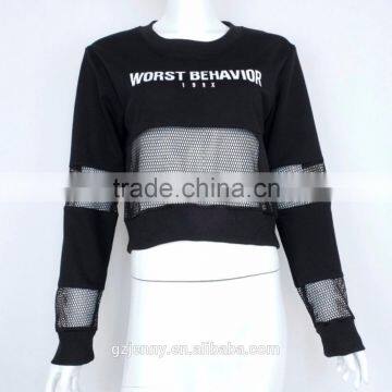 Custom Woman Black Sweater 199X Printing Mesh Cotton Contrast Hoodies Top Long Sleeve Mesh Sweatshirt photo-2