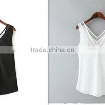 European and American Style Solid Color V-neck Blouses Stitching Gauze Halter T-shirt Tank Top Women photo-4