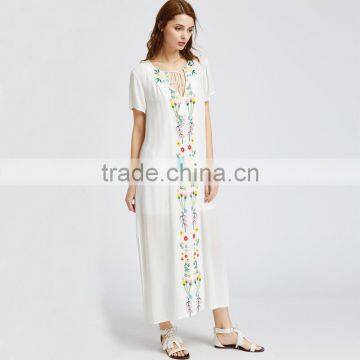 White Short Sleeve Maxi Dress, Women Emboriedered Fashion Mesh Dress photo-4