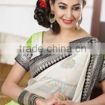 Fascinating Sandal & Black Color Combination Black Bordered Blooming Bliss Designer Sarees Collections photo-4