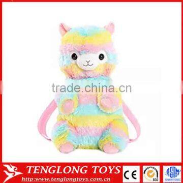 Hot selling custom baby stuffed rainbow alpaca fur toys alpaca plush toy backpack