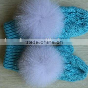 Baby blue cute children's plush mittens gloves/ Write warmer thick gloves/ fox fur pompon gloves