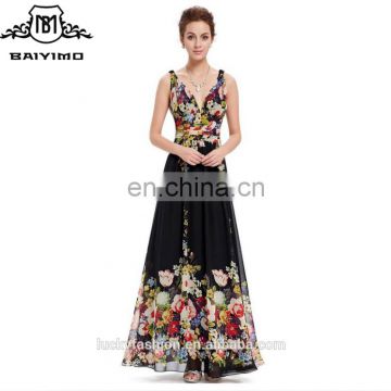 2016 BAIYIMO Ever Pretty Women's Sexy Double V-Neck Floral Printed Chiffon Maxi Dress