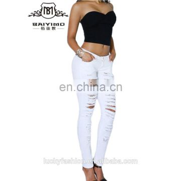 2016 Baiyimo women casual white ripped denim custom jeans wholesale