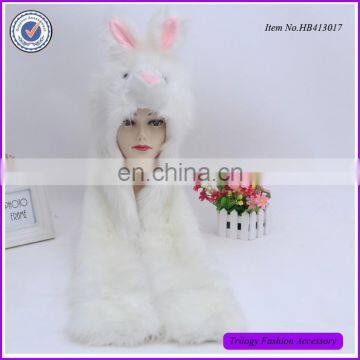 Paw Printed Long White Rabbit Fur Scarf With Hood