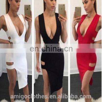 Amigo 2017 Fashion White Sleeveless Deep V Neck Low-cut Hollowout Bandage Dress Elegant Formal Dresses for Goddess photo-4