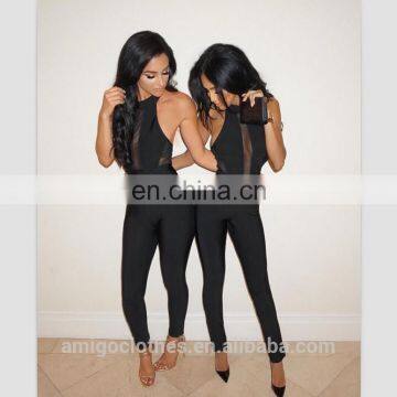 amigo 2017 latest black halter backless sexy lace bodycon long bandage jumpsuit for women party wear