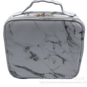 Makeup Travel Case With Adjustable Dividers Marble Makeup Organizer Train Case for Women Portable Cosmetic Bags Green Geometric photo-2