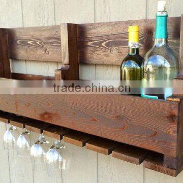 Custom large vintage wooden wine bottle shelves with glass holder