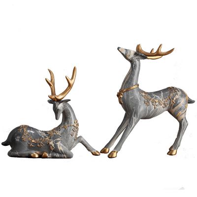 Nordic Style Creative Resin Black Deer Sets With Cones Table Decoration White Couple Deers with Marble Pattern As Furnishing Craft Ornaments  For Showroom Decor