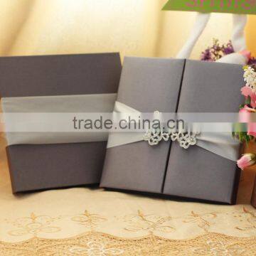 Dark Red Wooden Wholesale Wedding Invitation Box Silk With Ribbon Buckle photo-3