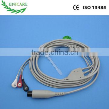 One-Piece 3 Lead ECG Cable with Leadwire, 6 pin, snap end, AHA