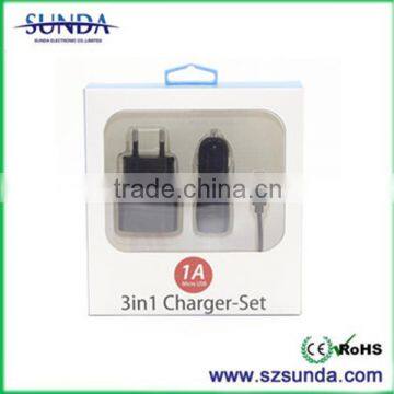 Hot selling 3 in 1 dual port 2A car charger kit with wall charger and USB cable