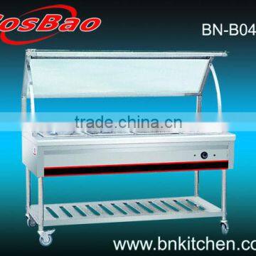 Assembled electric bain marie trolley with curved glass shelf