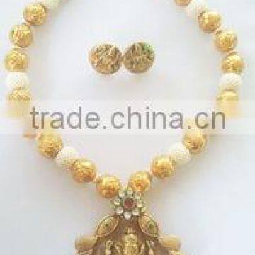 Ganesh Pendent Set (temple Jewellery) and Earrings With Mala