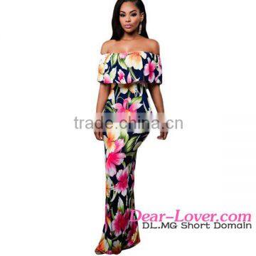 Wholesale new fashion Navy Blue Roses Print Off-the shoulder Maxi Dress