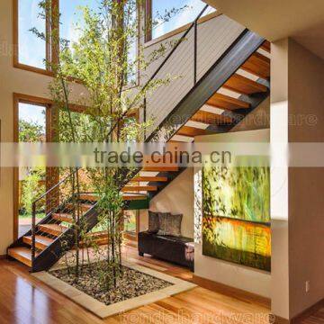 L shape double stringer wood treads straight stairs with c beam stringer and wire railing staircase