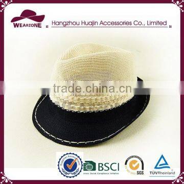 100% Polyester Felt Black Color Fedora Hats With Beige And Binding