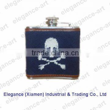 Skull navy blue needlepoint flask