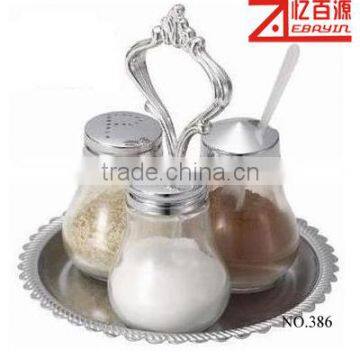 3 pcs glass spice jar with chrome plated plate