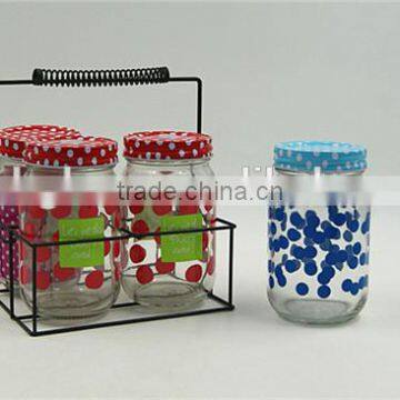 Set of 4 Clear Glass Mason Jars with metal straw lid and metal basket wholesale