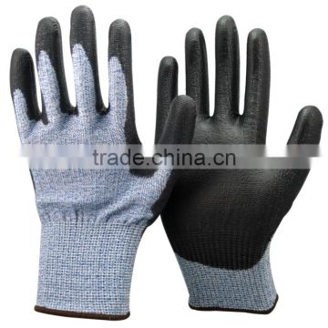 NMSAFETY 13 gauge blue nylon and HPPE and glassfibre liner coated black PU on palm glove