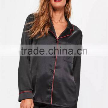 MGOO Custom Embroidery Logo Black Satin Pyjamas Sets For Women Long Sleeves Buttons Shirt Long Pants Nightwear photo-2
