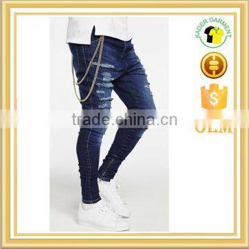 Mens Skinny Unique Design Zipper Blue Stretch Spandex Jeans Mid Waist Urban Style