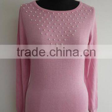 Ladies Fashion bead round neck backless costume sweater