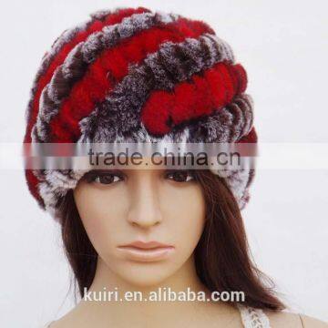 Rex Rabbit Fur Hats Fur Striped Knitted Cap for Women Genuine Rabbit Fur Hat Cap Winter Warms Hats photo-2