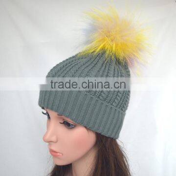 Myfur Wholesale Customized Woolen Yarn Knitted Beanies With Real Fur Bobble Top