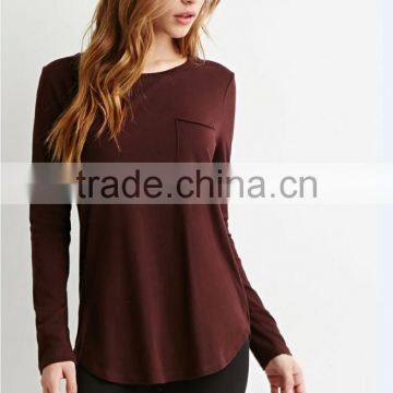 100% Cotton Long Sleeves t Shirt Women Curved-hem Pocket t Shirts Wholesale photo-6