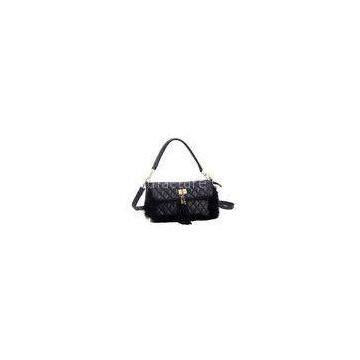 Fur - Trimmed Quilted Black Leather Shoulder Bags For Women , Short Shoulder Strap