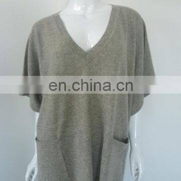 wholesale loose style V neck Short sleeve 100% pure cashmere pullover