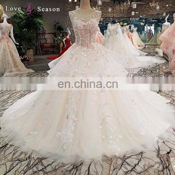 LS00275 princess flower appliques V-neck wedding dress with long train lao crystal wedding dress