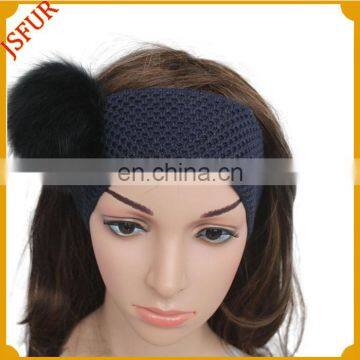 Handmade Knitted Women Hairband With Real Fox Fur Pom Pom