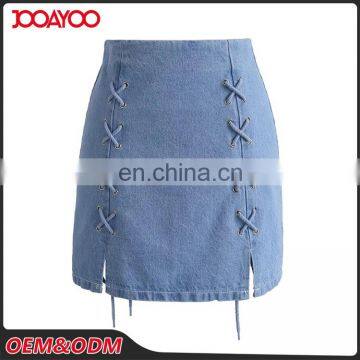 100% Cotton Womens Denim Lace-up Bud Short Skirt with Split Hem