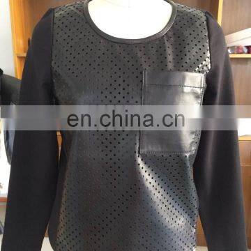 Ladies crew neck leather T-shirt with knit sleeve