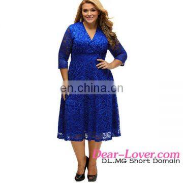 Adult Stylish 2017 Trendy Cheap Blue Surplice Lace Plus Size Long Dresses