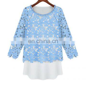 lady fashion round neck lace blouse with chiffon tank top