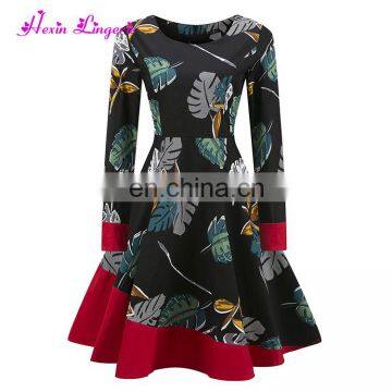 Latest popular Leaves pattern mix colour casual autumn latest alibaba fashion dress