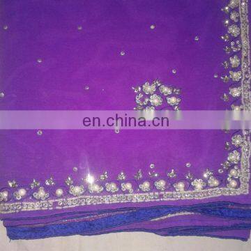 Ethnic Handmade Stone Work Georgette Purple Saree Sari photo-2